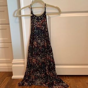 Flowery print, high low dress, high neck